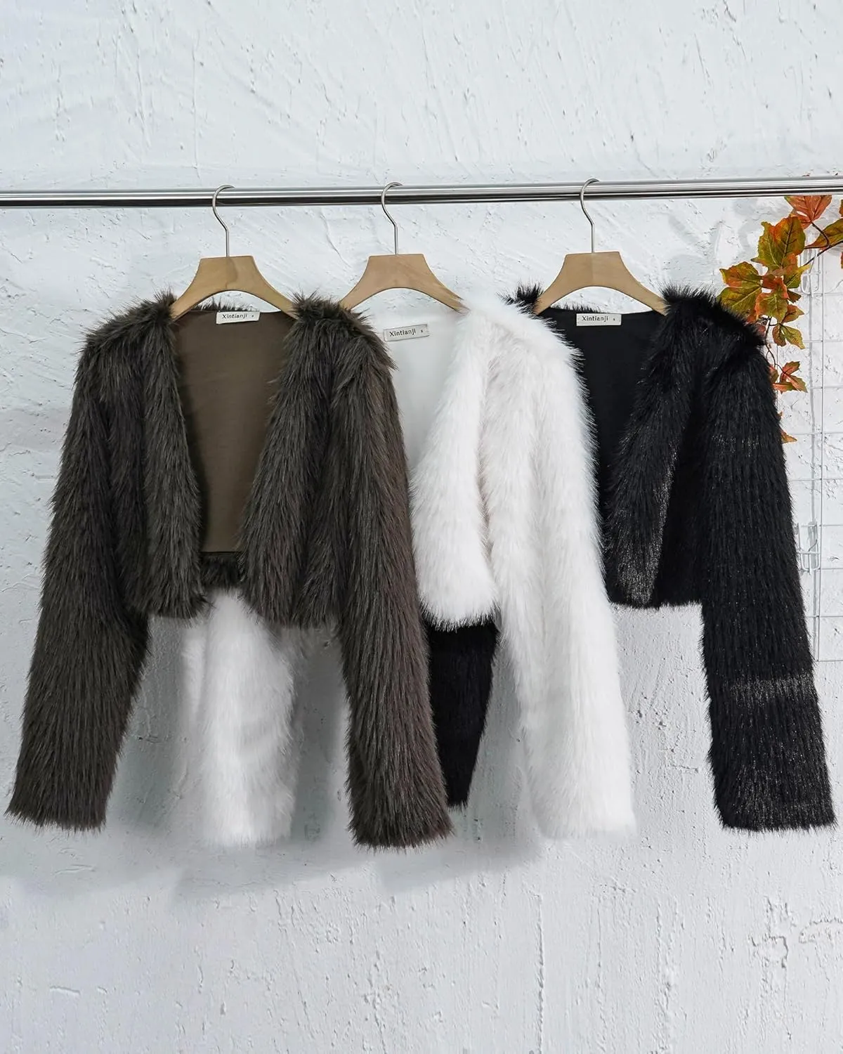 Xintianji Womens Faux Fur Cropped Jacket - Open Front Long Sleeve Winter Fuzzy Fleece Coat