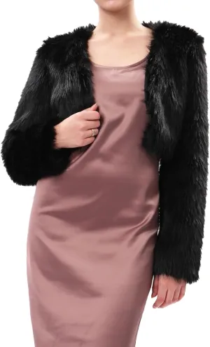 Xintianji Womens Faux Fur Cropped Jacket - Open Front Long Sleeve Winter Fuzzy Fleece Coat