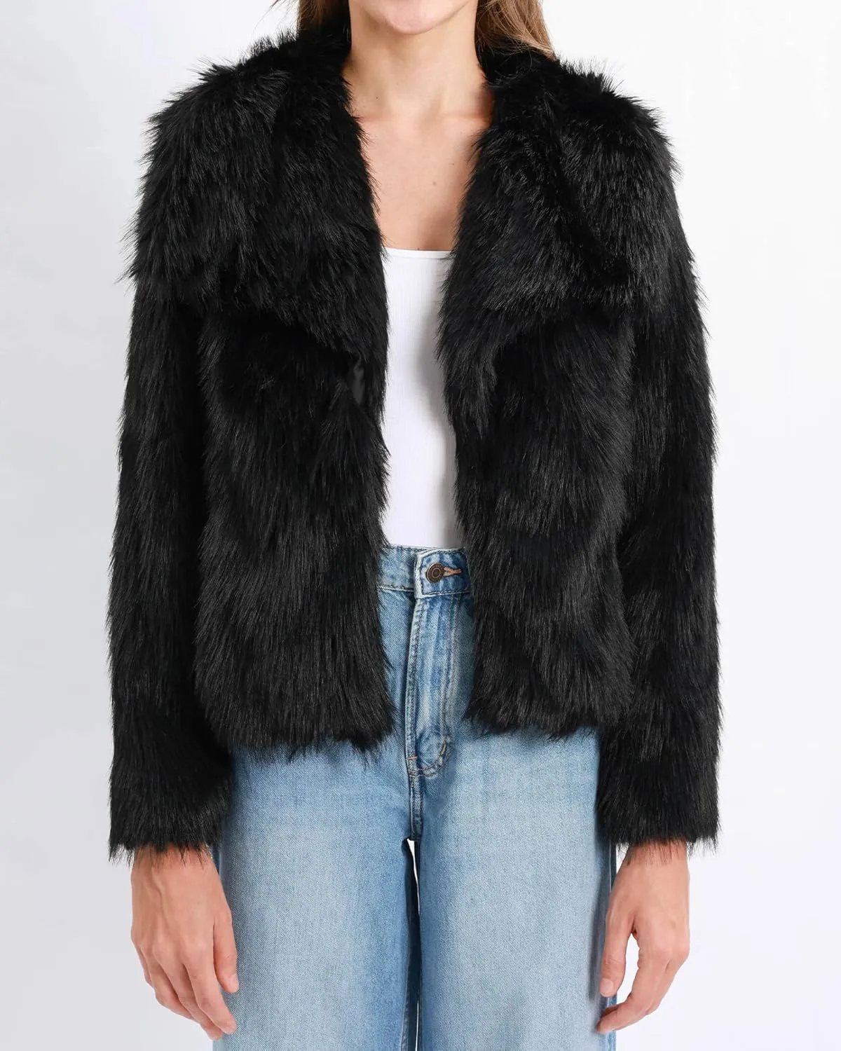 Xintianji Womens Faux Fur Turn-Down Collar Jacket Coat - Open Front Long Sleeve Winter Fuzzy Fleece Coat with Side Pockets