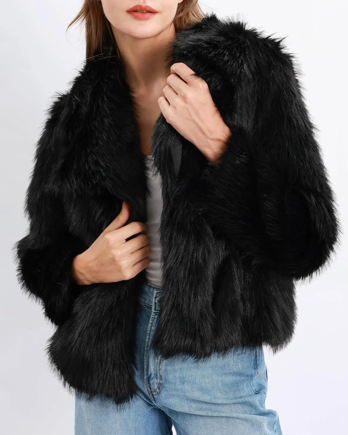 Xintianji Womens Faux Fur Turn-Down Collar Jacket Coat - Open Front Long Sleeve Winter Fuzzy Fleece Coat with Side Pockets