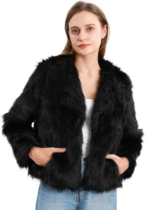 Xintianji Womens Faux Fur Turn-Down Collar Jacket Coat - Open Front Long Sleeve Winter Fuzzy Fleece Coat with Side Pockets