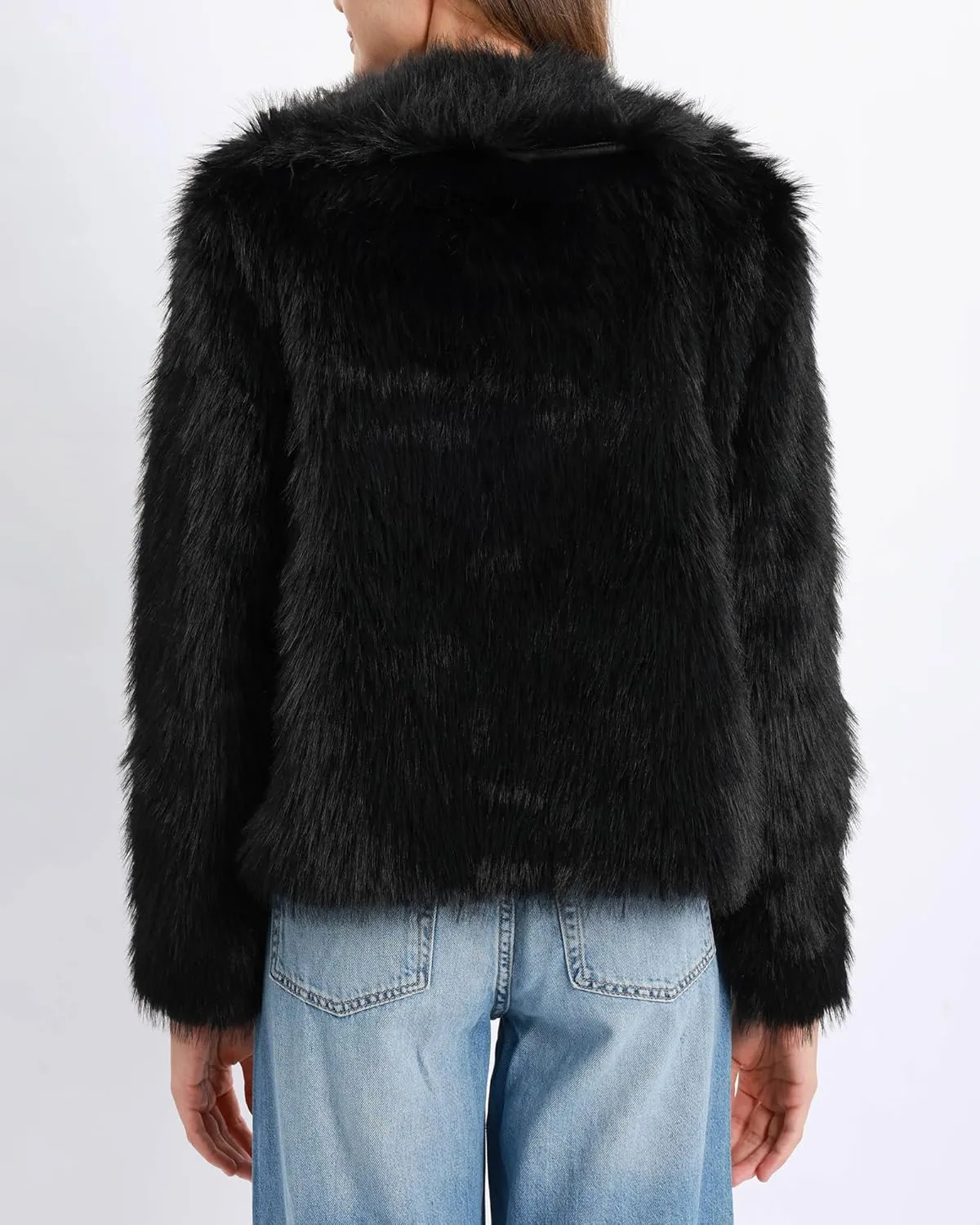 Xintianji Womens Faux Fur Turn-Down Collar Jacket Coat - Open Front Long Sleeve Winter Fuzzy Fleece Coat with Side Pockets