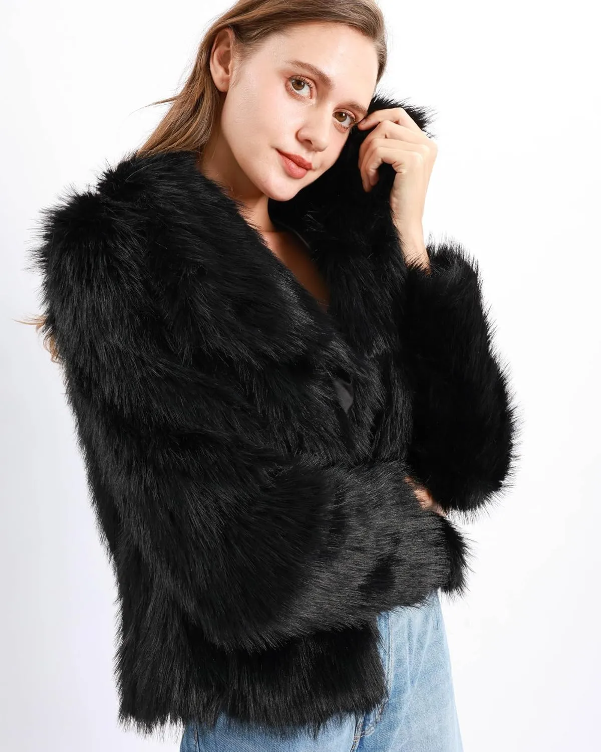 Xintianji Womens Faux Fur Turn-Down Collar Jacket Coat - Open Front Long Sleeve Winter Fuzzy Fleece Coat with Side Pockets