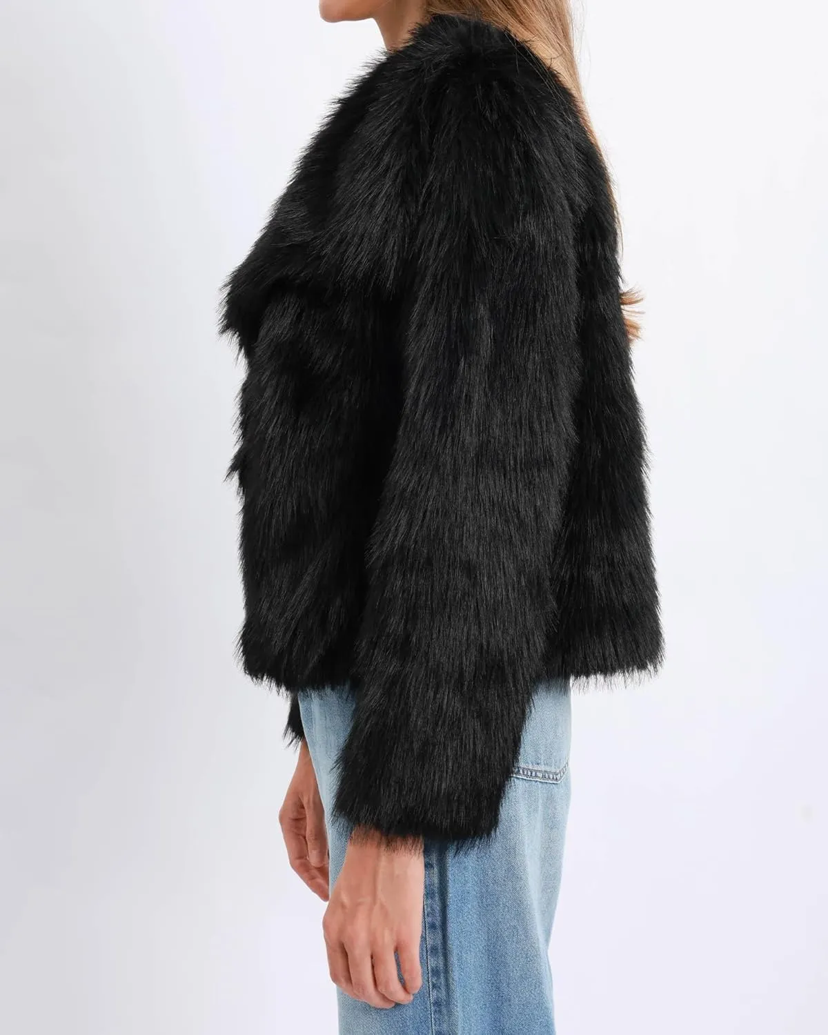 Xintianji Womens Faux Fur Turn-Down Collar Jacket Coat - Open Front Long Sleeve Winter Fuzzy Fleece Coat with Side Pockets