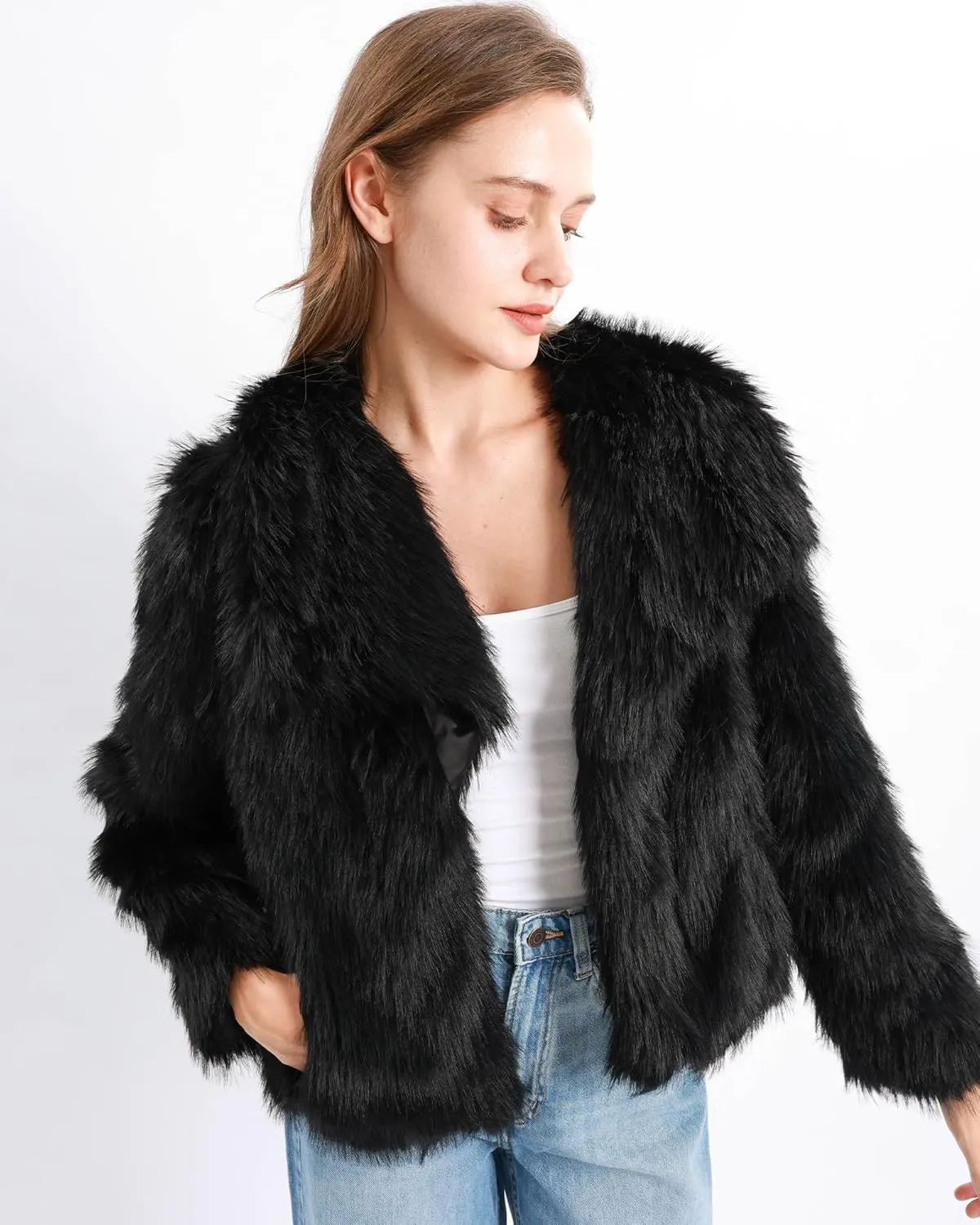 Xintianji Womens Faux Fur Turn-Down Collar Jacket Coat - Open Front Long Sleeve Winter Fuzzy Fleece Coat with Side Pockets