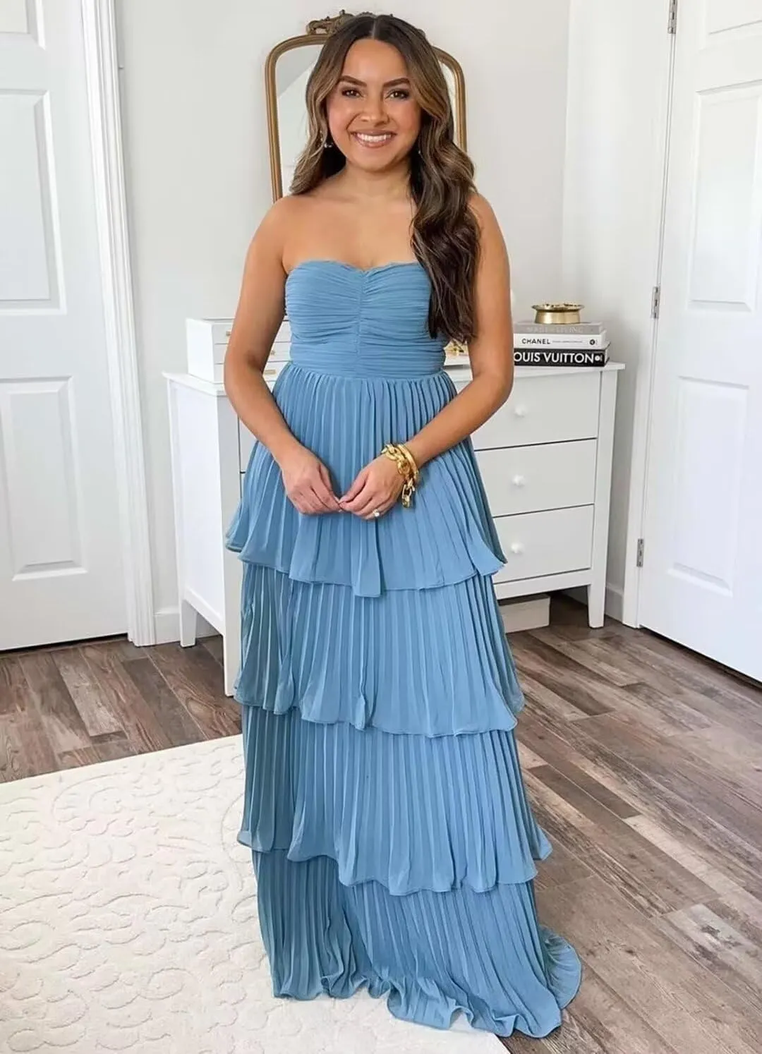 Yhhkig Pleated Chiffon Prom Dresses Long Strapless Layered Formal Evening Gowns 2024 HH-P1005