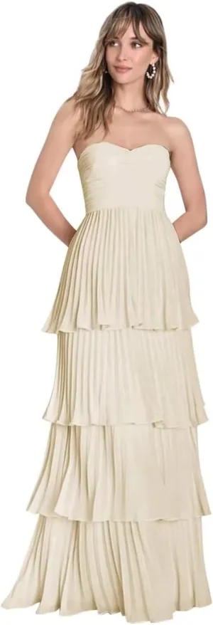 Yhhkig Pleated Chiffon Prom Dresses Long Strapless Layered Formal Evening Gowns 2024 HH-P1005