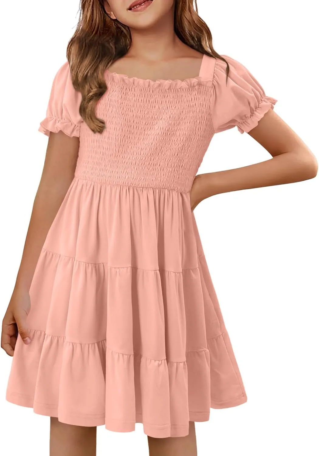 Yoklass Girls Casual Smocked Dress Square Neck Puff Short Sleeve Ruffle Dresses 4-13 Years