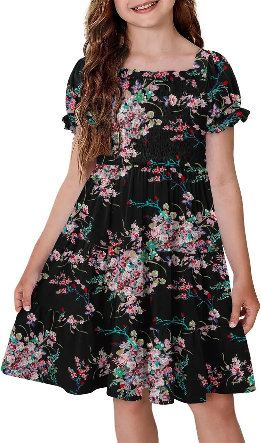 Yoklass Girls Casual Smocked Dress Square Neck Puff Short Sleeve Ruffle Dresses 4-13 Years
