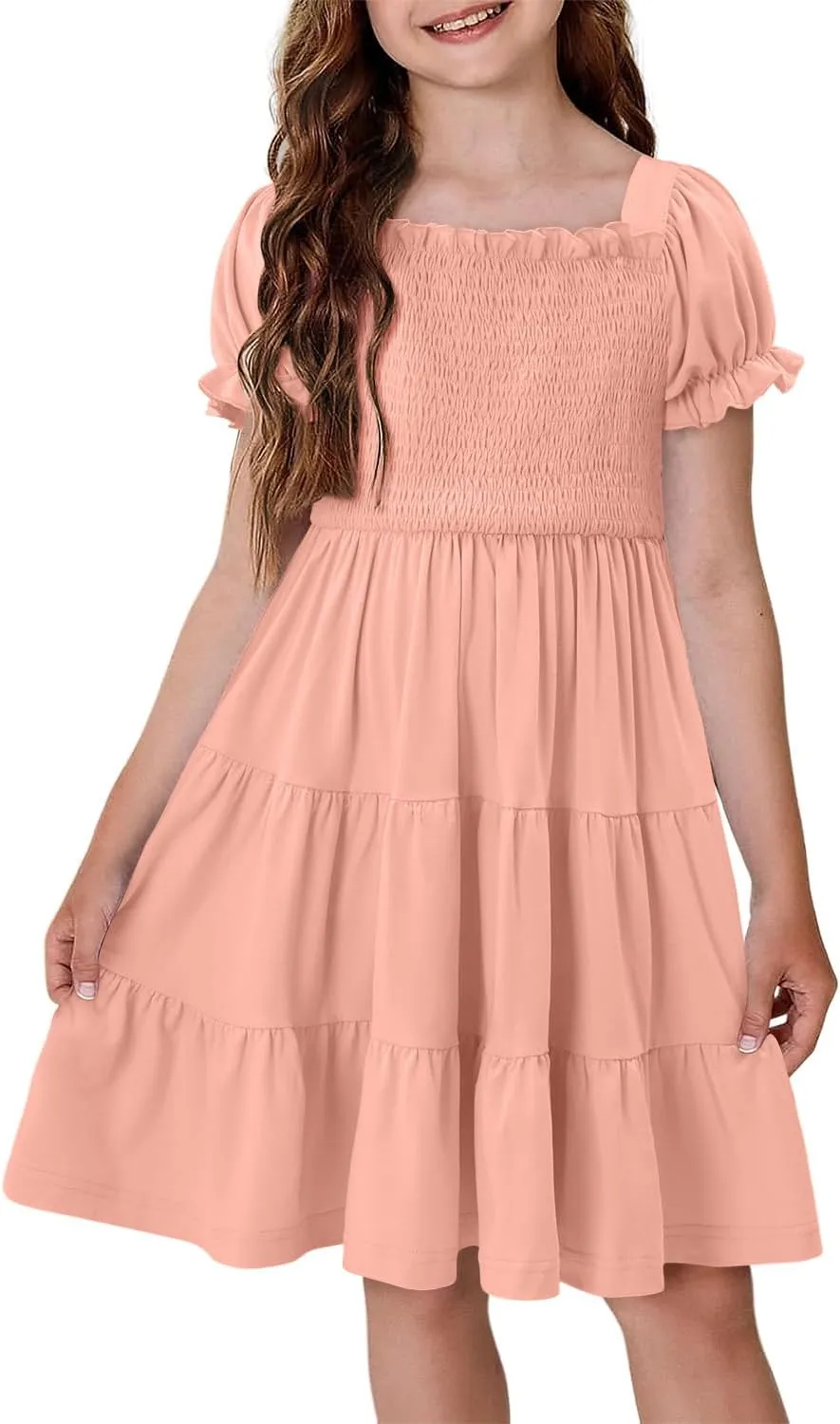 Yoklass Girls Casual Smocked Dress Square Neck Puff Short Sleeve Ruffle Dresses 4-13 Years