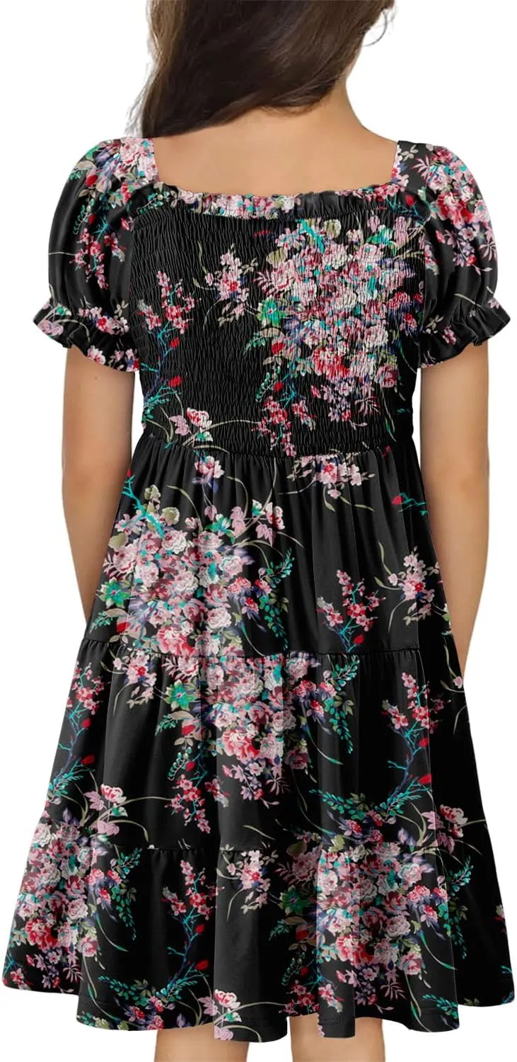 Yoklass Girls Casual Smocked Dress Square Neck Puff Short Sleeve Ruffle Dresses 4-13 Years
