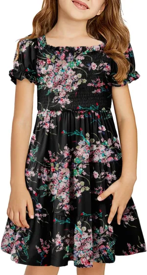 Yoklass Girls Casual Smocked Dress Square Neck Puff Short Sleeve Ruffle Dresses 4-13 Years