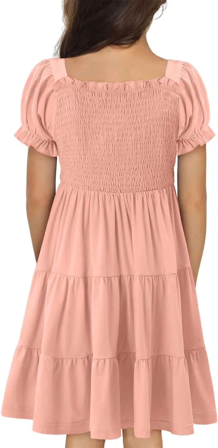 Yoklass Girls Casual Smocked Dress Square Neck Puff Short Sleeve Ruffle Dresses 4-13 Years