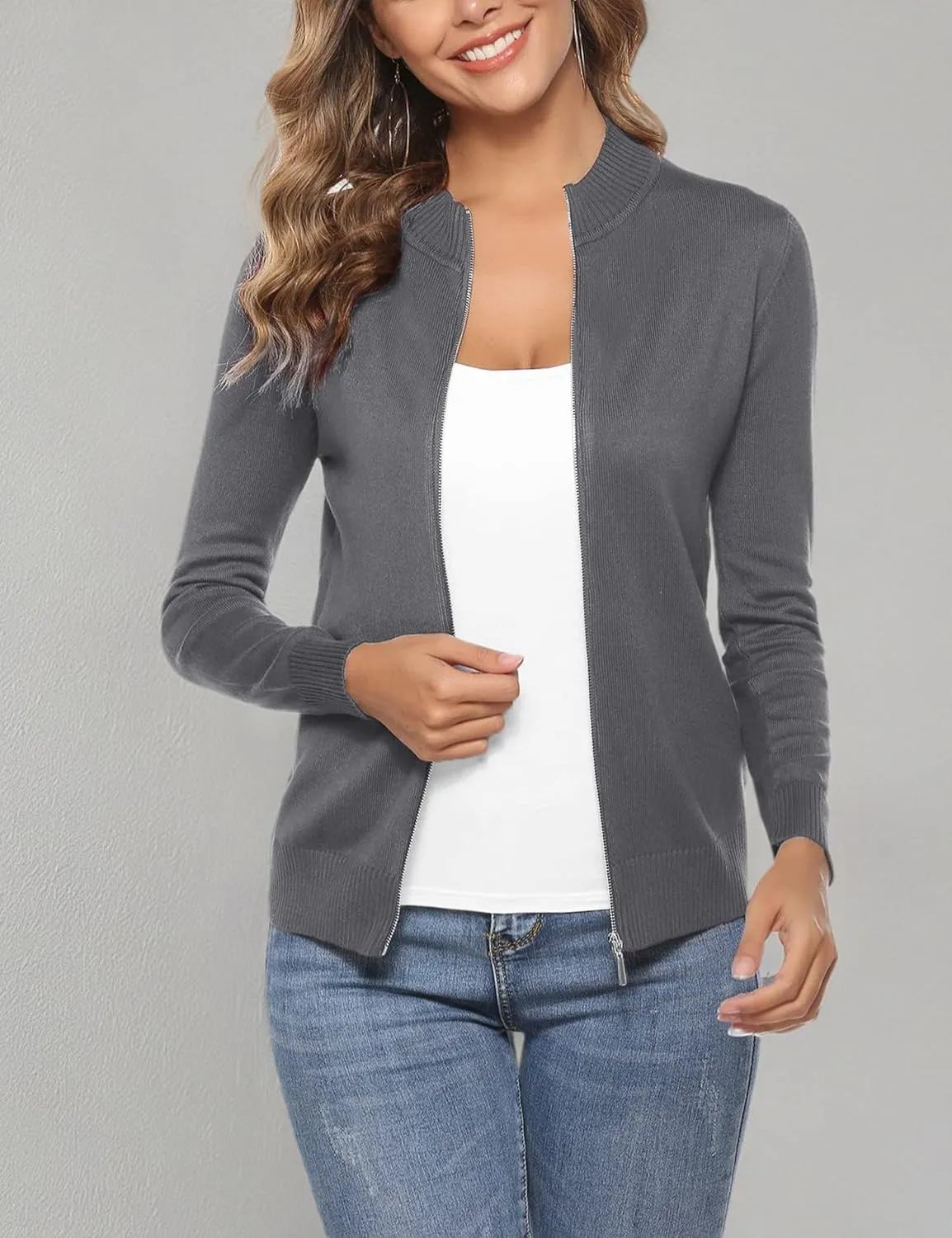 Youngull Zip Front Jacket for Women Casual Lightweight Cardigan Zip Up Sweater Tops Long Sleeve Knitted Sweatshirts