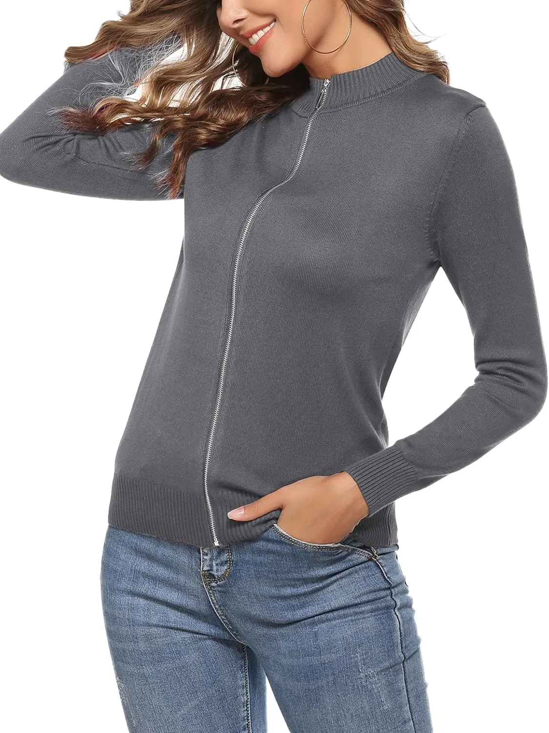 Youngull Zip Front Jacket for Women Casual Lightweight Cardigan Zip Up Sweater Tops Long Sleeve Knitted Sweatshirts