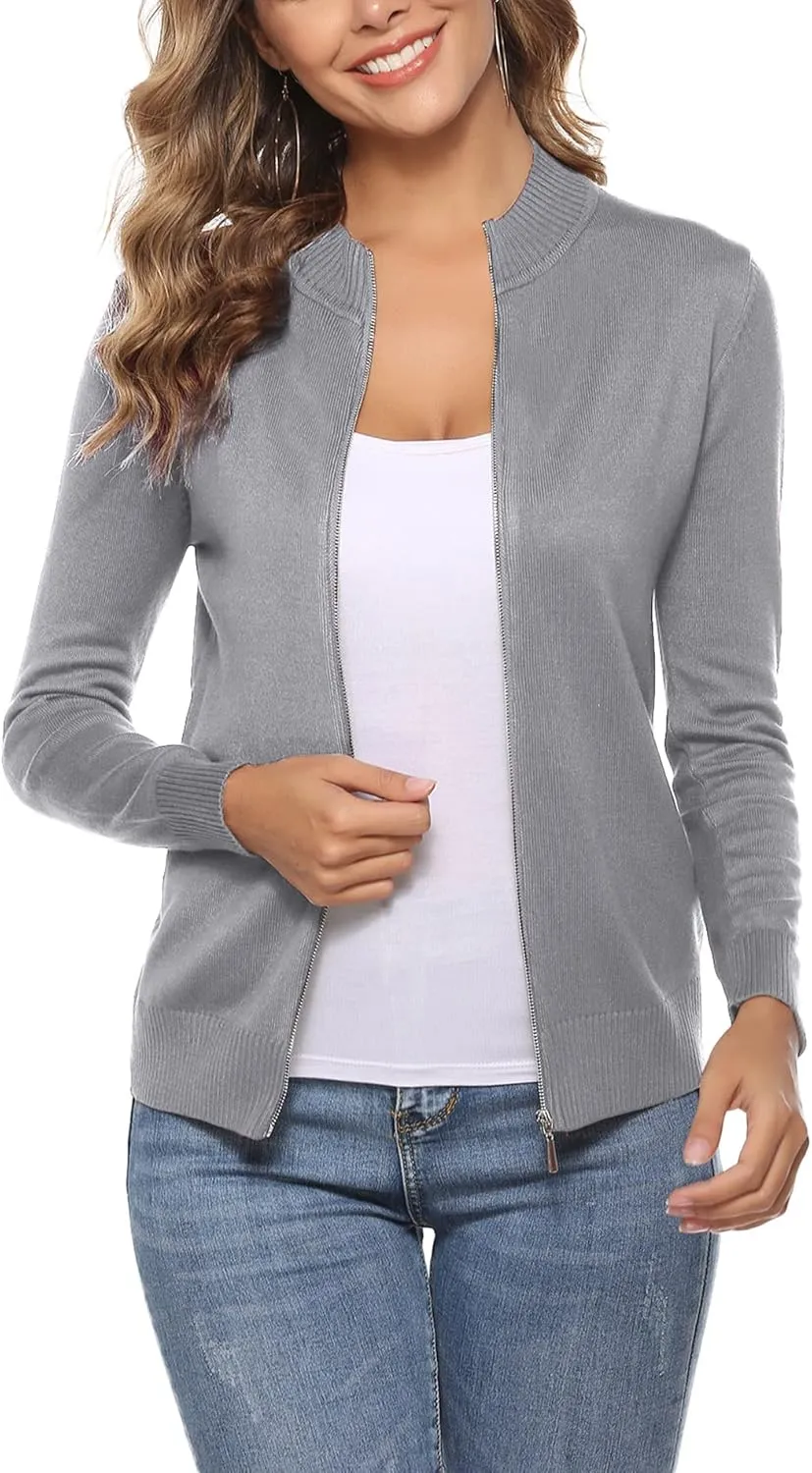 Youngull Zip Front Jacket for Women Casual Lightweight Cardigan Zip Up Sweater Tops Long Sleeve Knitted Sweatshirts
