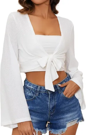 YYA Women's Lightweight Ribbed Cardigan Tie-Front Beach Cover Up with Long Sleeves for Summer Outfits S-XL