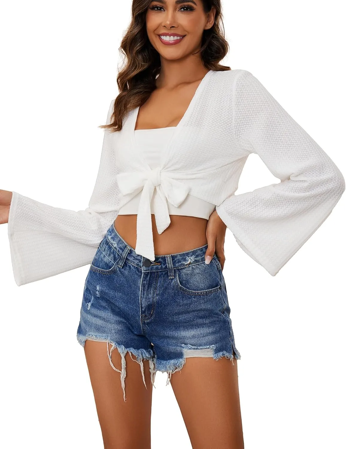 YYA Women's Lightweight Ribbed Cardigan Tie-Front Beach Cover Up with Long Sleeves for Summer Outfits S-XL