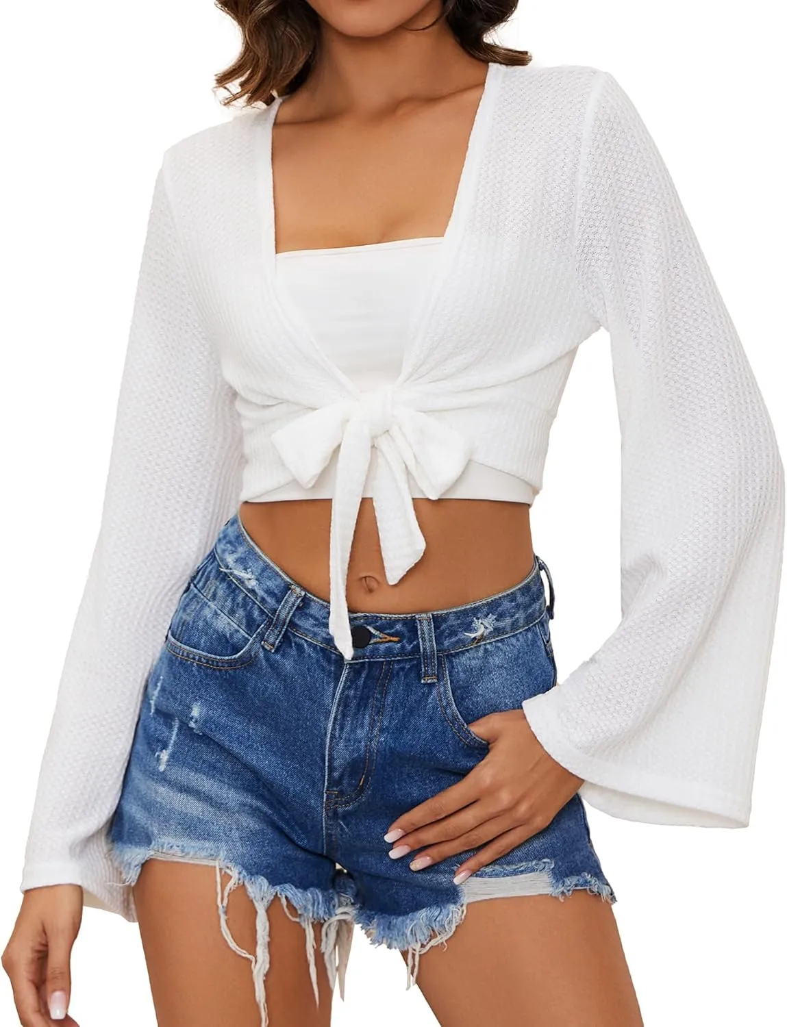 YYA Women's Lightweight Ribbed Cardigan Tie-Front Beach Cover Up with Long Sleeves for Summer Outfits S-XL