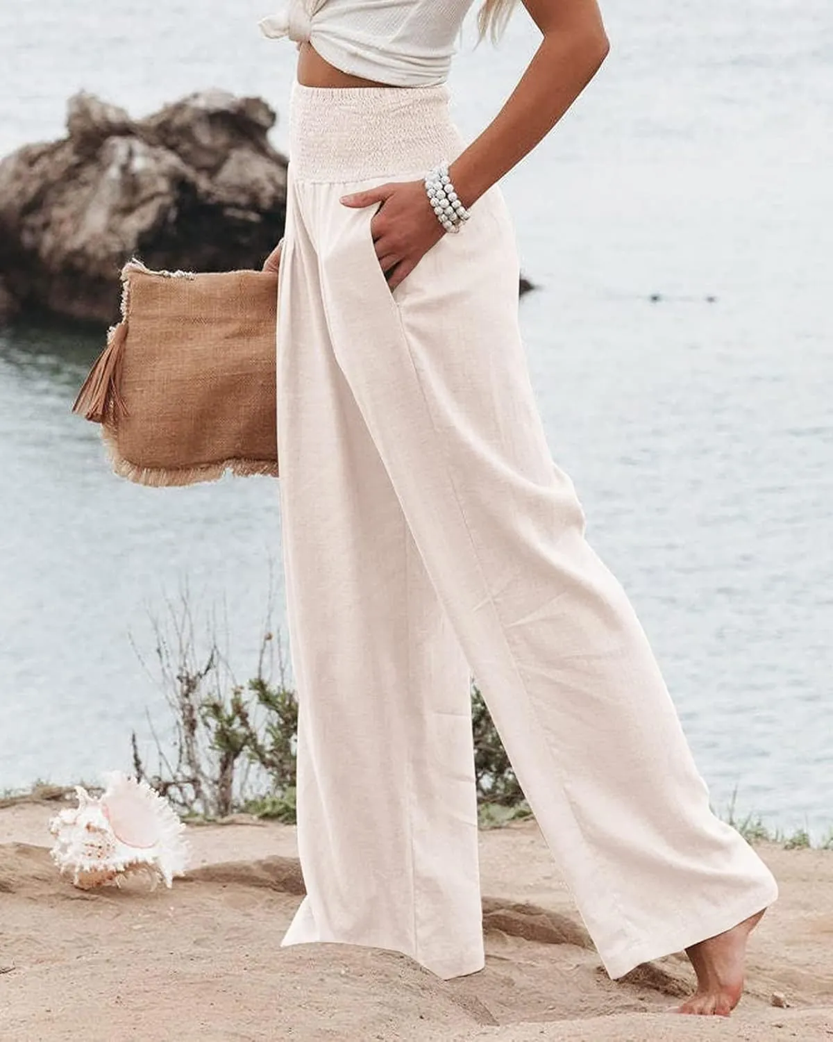 ZWRXW Linen Pants Women Summer High Waisted Wide Leg Pants Casual Lounge Pant Business Work Pants Comfy Lightweight Trousers