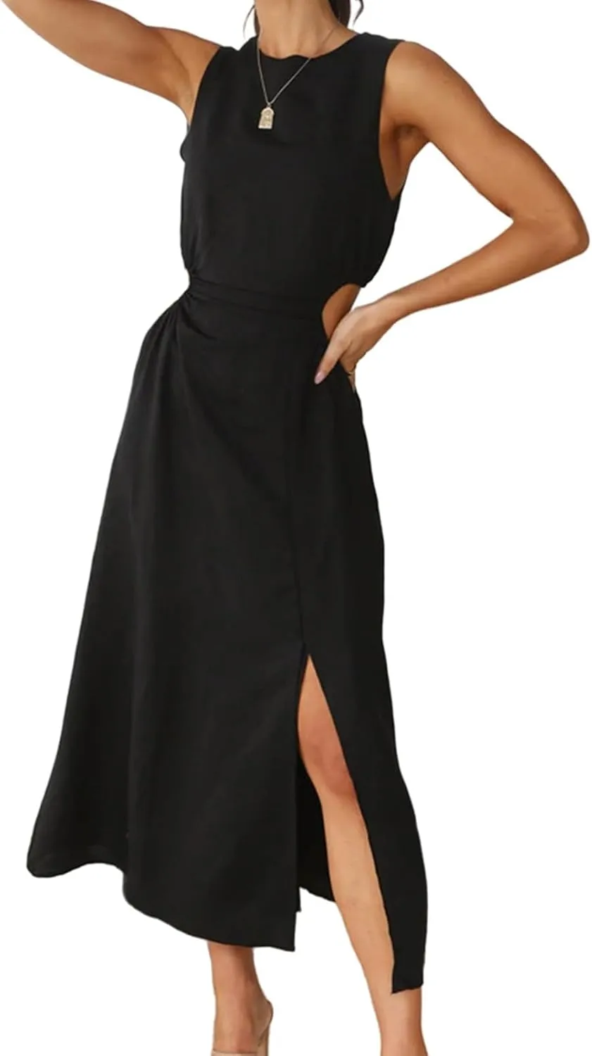 ZWRXW Long Linen Dress for Women Cutout Waist Slit Maxi Dress Summer Casual Crewneck Sleeveless Tank Dress Work Office Dress