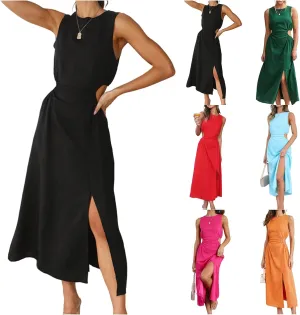 ZWRXW Long Linen Dress for Women Cutout Waist Slit Maxi Dress Summer Casual Crewneck Sleeveless Tank Dress Work Office Dress
