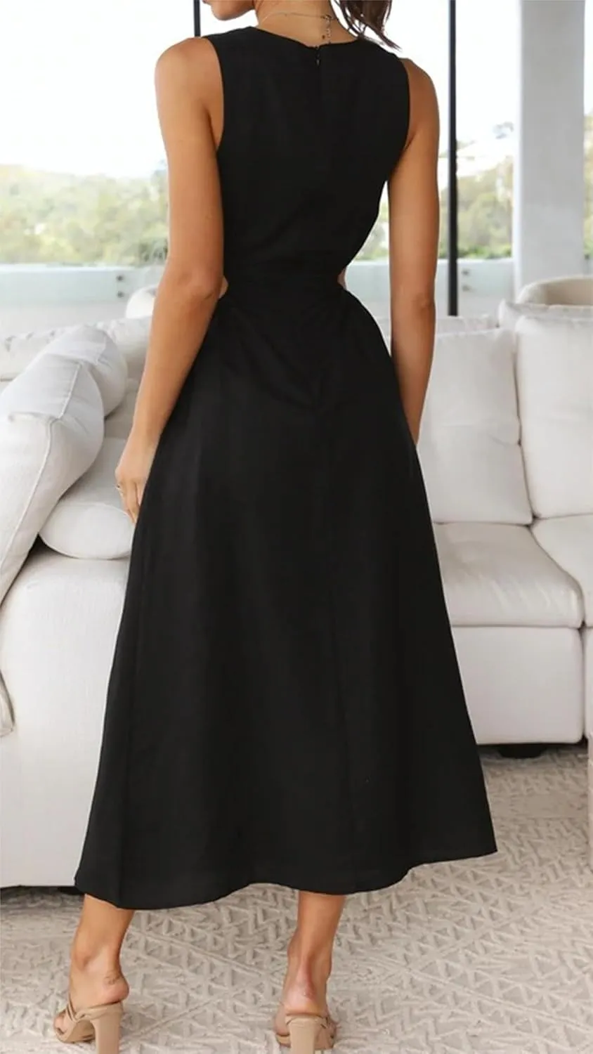 ZWRXW Long Linen Dress for Women Cutout Waist Slit Maxi Dress Summer Casual Crewneck Sleeveless Tank Dress Work Office Dress