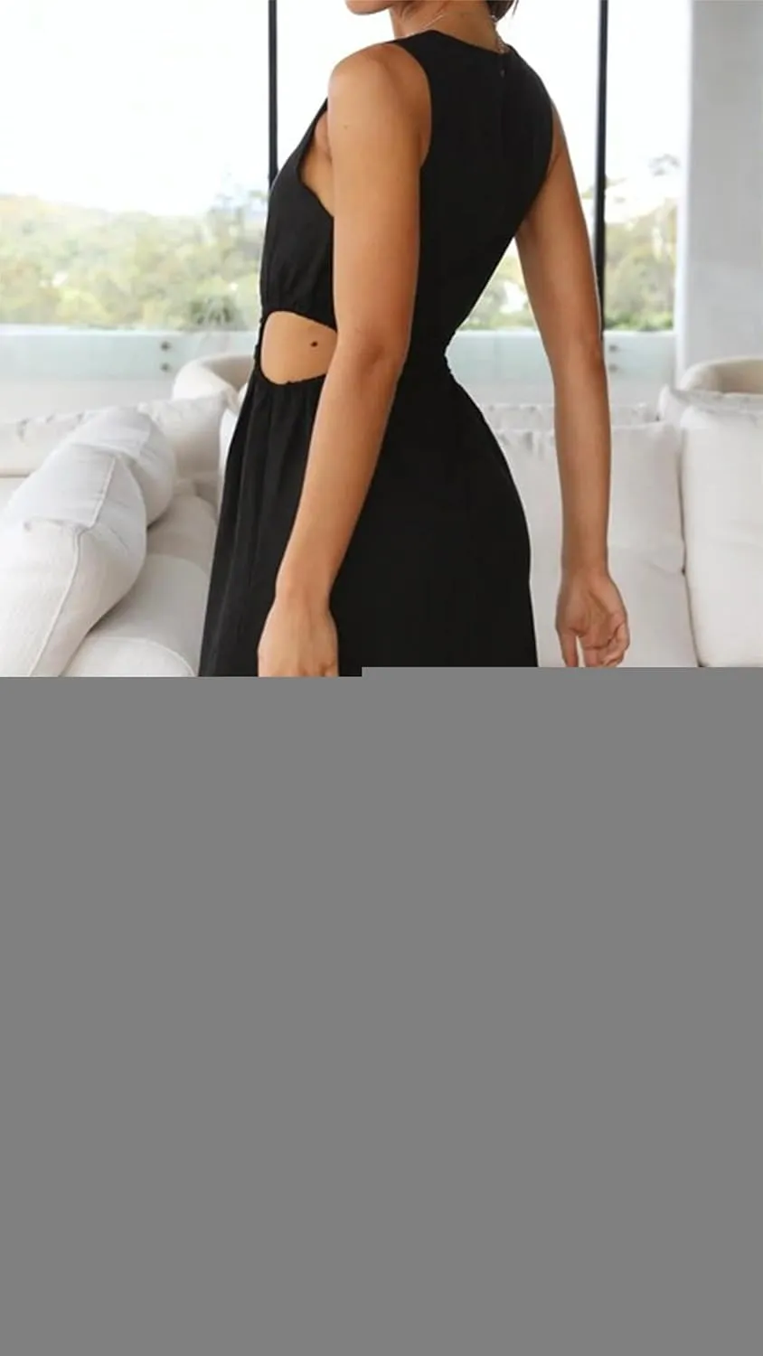 ZWRXW Long Linen Dress for Women Cutout Waist Slit Maxi Dress Summer Casual Crewneck Sleeveless Tank Dress Work Office Dress