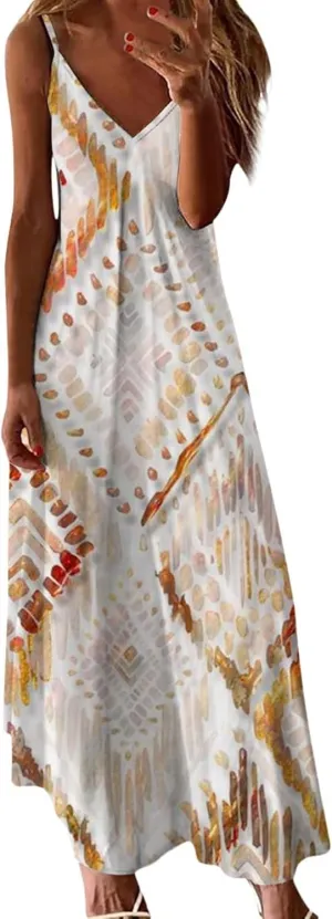 ZYXTIM Women's Summer Casual Sleeveless Beach Dress V Neck Printed Casual Loose Long Maxi Dress Holiday Flowy Swing Dress